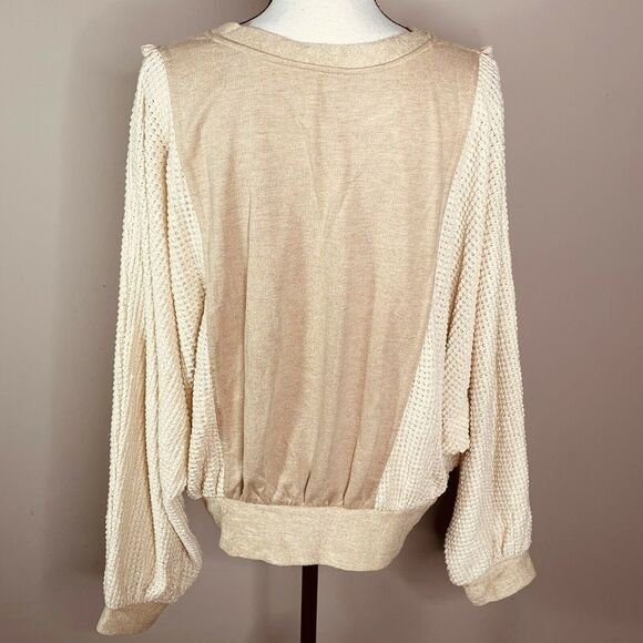 Umgee Tan Beige Fringe Waffle Knit Dolman Sleeve Sweater Size S - Picture 7 of 9
